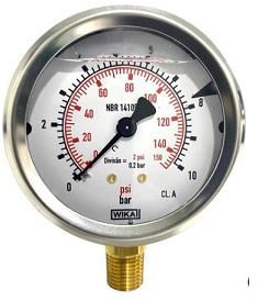 Manômetro DN100mm s/vert. Inox BSP 1/2 0-25 BAR-400 PSI c/glicerina saida reta